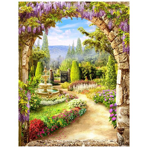 Фотообои Уютная стена Арка с цветами в саду 210х270 см Бесшовные Премиум (единым полотном)