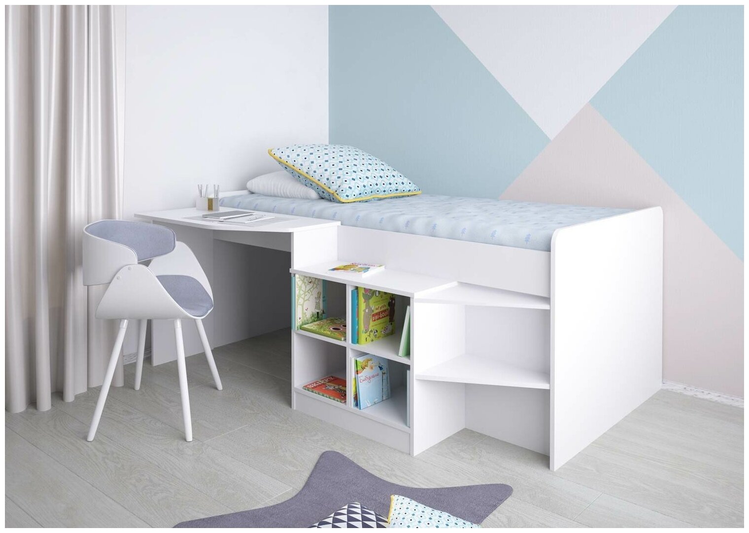Кровать-чердак детская Polini Simple 4000 со столом и полками, белый