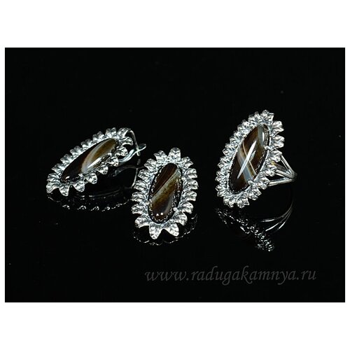Комплект бижутерии: серьги, кольцо, агат, размер кольца 19, черный кольцо с агатом и авантюрином цветок