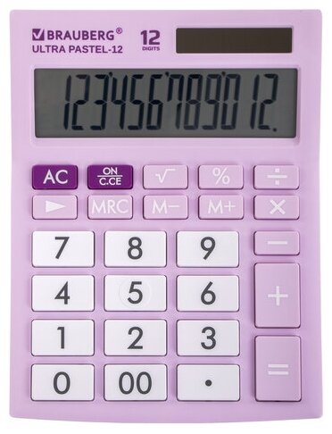 Калькулятор настольный BRAUBERG ULTRA PASTEL-12-PR (192x143 мм), 12 разрядов, двойное питание, сиреневый, 250505