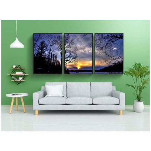 фото Набор модулных постеров для интерьера "зимний пейзаж, заход солнца, вечер" 60x90 см. в тубусе, без рамки lotsprints