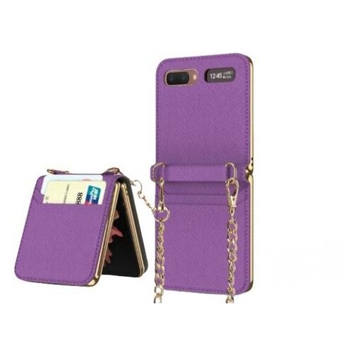 смартфон samsung galaxy z flip 4 sm f721b 256gb 8gb пурпурный Чехол MyPads из водоотталкивающей импортной кожи с визитницей и магнитной крышкой для Samsung Galaxy Z Flip SM-F700 с цепочкой в фиолетовом цвете