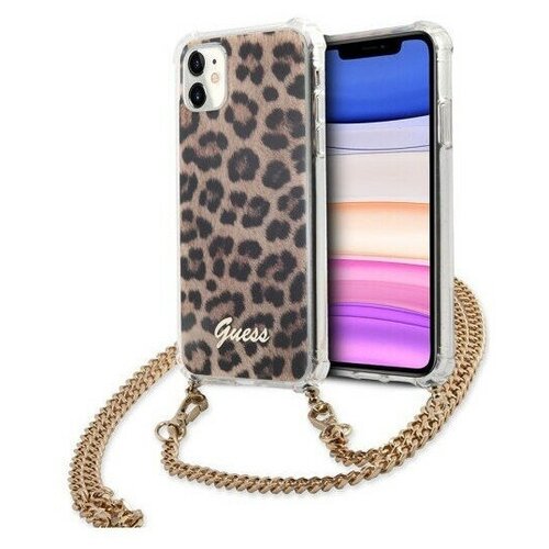фото Чехол cg mobile guess pc/tpu leopard hard + gold hand chain для iphone 11, цвет леопард/золотая цепь (guhcn61kcleo)