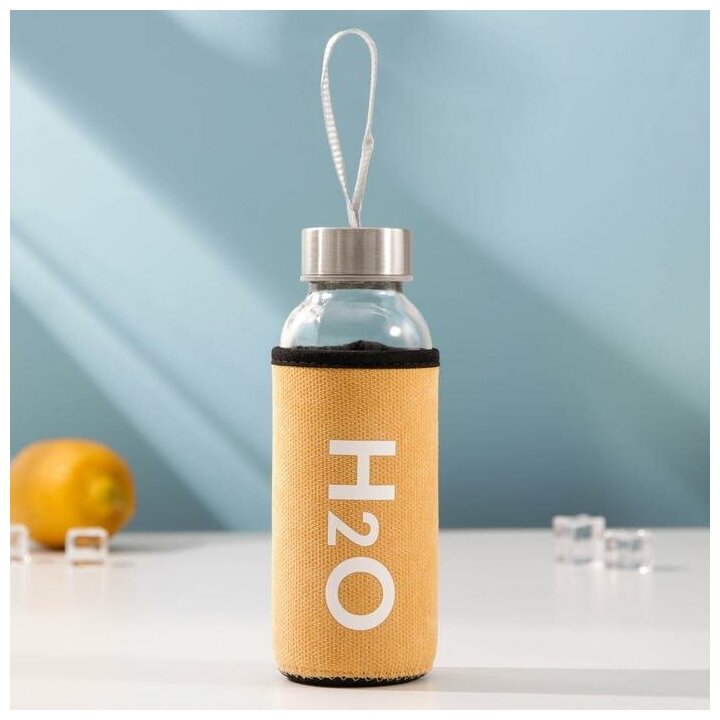Бутылка для воды стеклянная в чехле H2O, 300 мл, h=17 см, цвет микс - фотография № 1