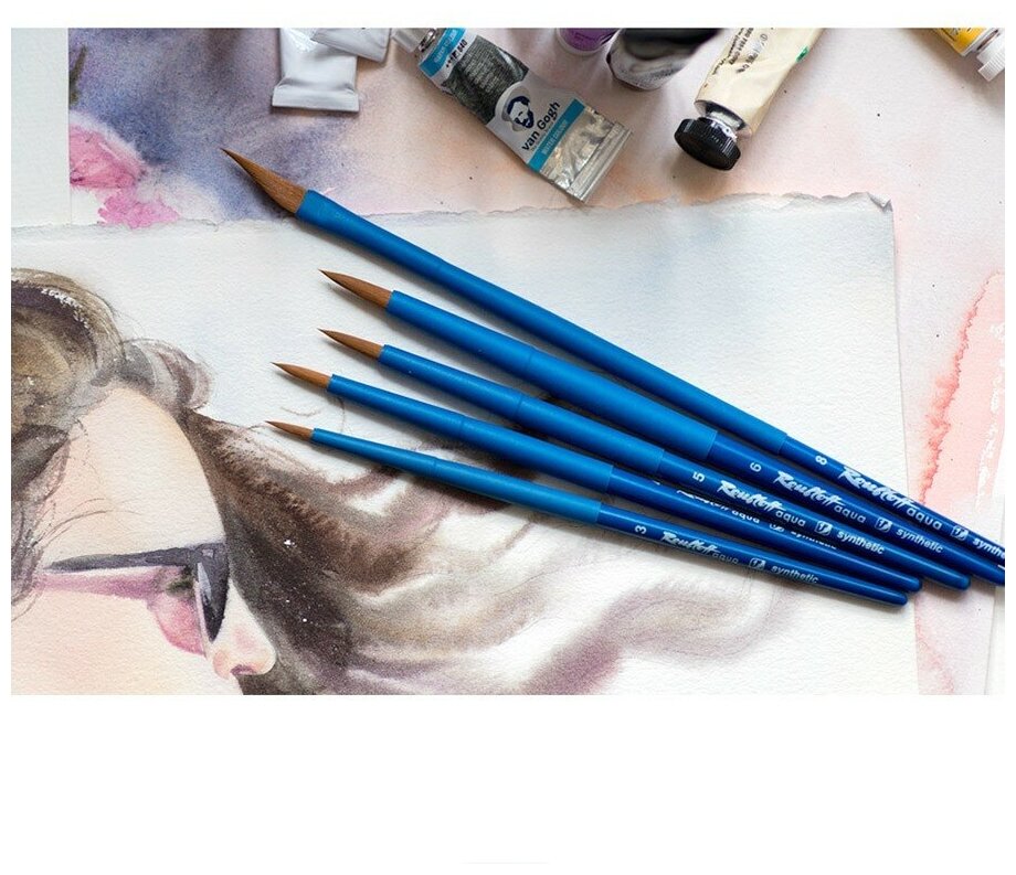 Кисть синтетика №4 круглая Roubloff "Aqua" ручка короткая синяя, покрытие обоймы soft-touch - фото №5