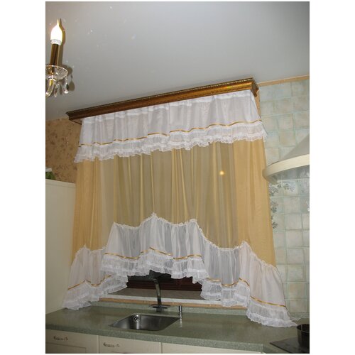 Комплект штор для кухни Злата (бежевый + рюшка белая), нейлон, высота 170 см, по ленте регулируется до 2,2 м