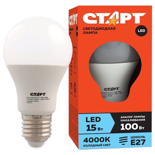 фото Лампа светодиодная старт led, серия "эко" 15w40, тип а "груша" e27, 4000к, холодный свет, 15000ч