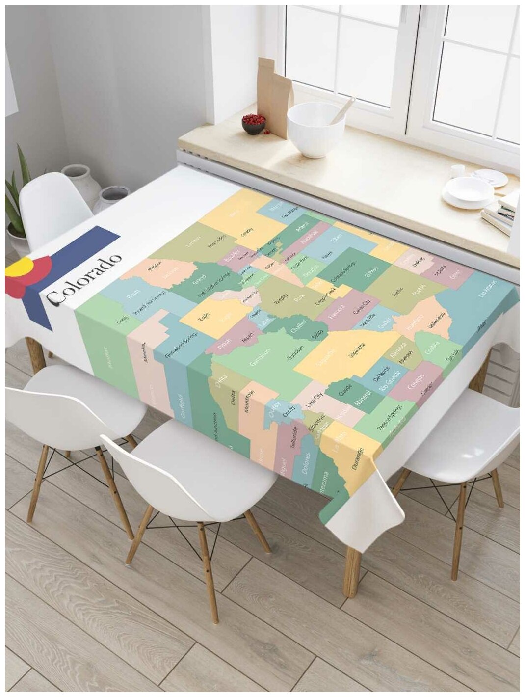 Скатерть прямоугольная JoyArty на кухонный стол "Карта Штат Колорадо" из оксфорда, 180x145 см