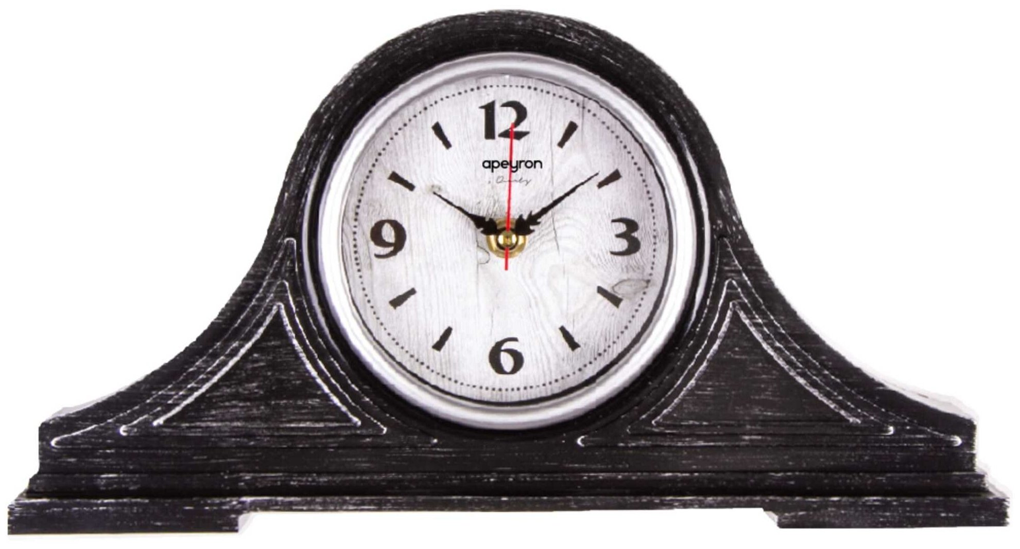 Часы настольные в виде круга расположенном на основании Apeyron PLT211306-1 цвет корпуса черный с серебром пластиковый корпус размеры 345х180х72 мм плавный механизм лицевая сторона часов защищена пластиковым стеклом работают от батарейки АА