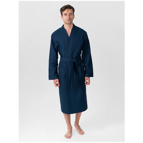 Мужской вафельный халат с планкой, темно-синий. Размер: 46-48