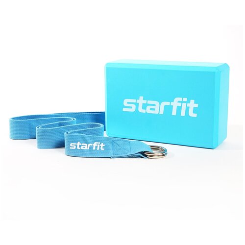 фото Блок и ремень для йоги, комплект starfit yb-205 синий пастель