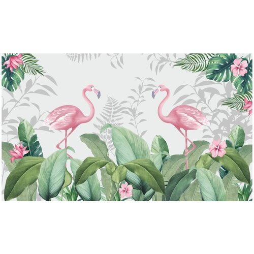 Фотообои Уютная стена Фламинго в окружении листьев 460х270 см Бесшовные Премиум (единым полотном)