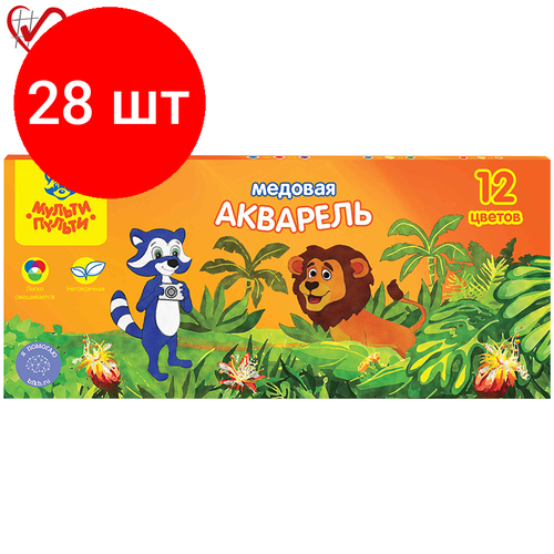 Комплект 28 шт, Акварель Мульти-Пульти Енот в джунглях, медовая, 12 цветов, без кисти, картон