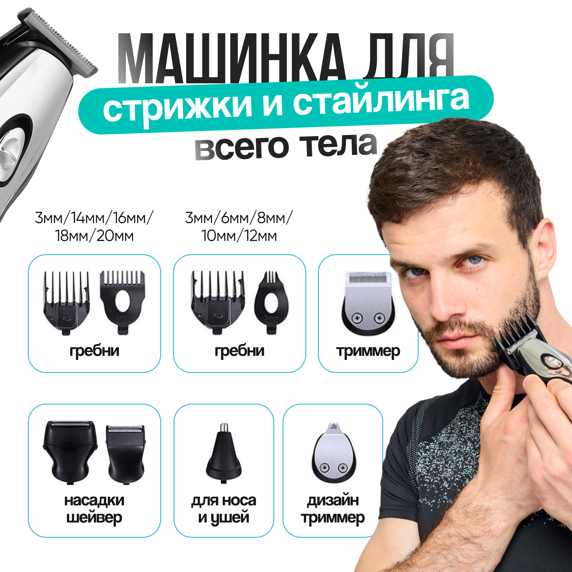 Машинка для стрижки волос, бороды, усов, триммер для стрижки волос профессиональный - фотография № 3
