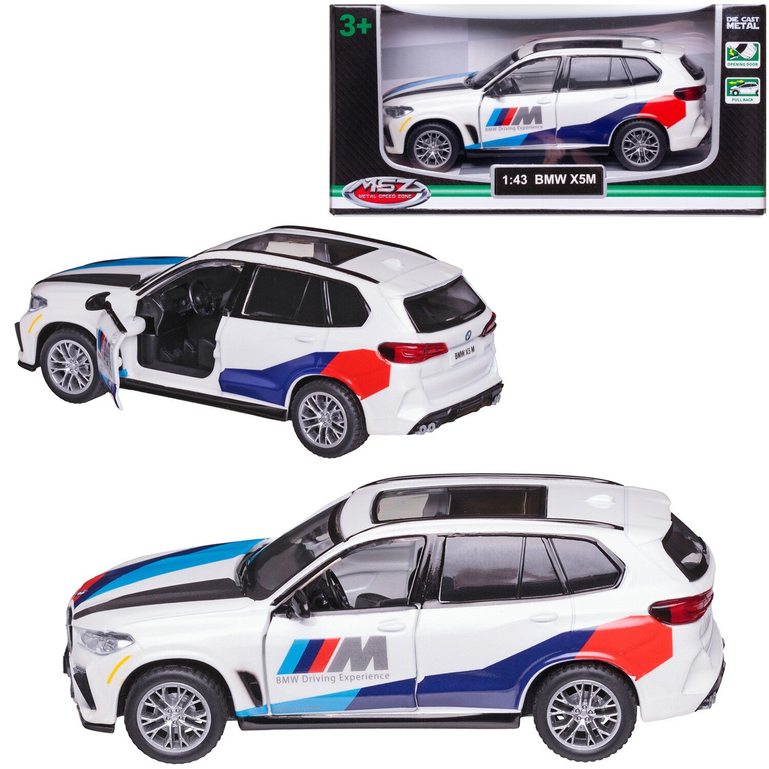 Машинка металлическая MSZ серия 1:43 BMW X5M, цвет белый, инерционный механизм, двери открываются WE-16393W