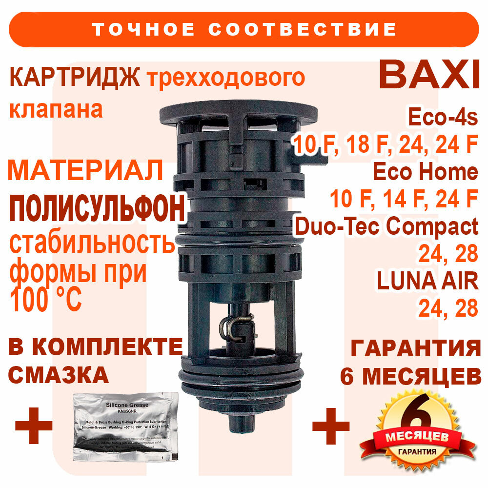 Картридж трехходового клапана, короткий, BAXI Eco-4s, Eco Home с 2019 г, Duo-Tec Compact 24, Luna Air 7728745