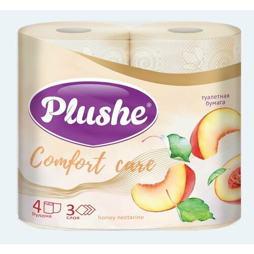 Туалетная бумага Plushe Comfort care Honey Nectarine, персик, аромат, 4 рул, 3 слоя бумага туалетная 2 слоя втулка 4рулона в упаковке 15м белая нежная персик количество в наборе 5 шт