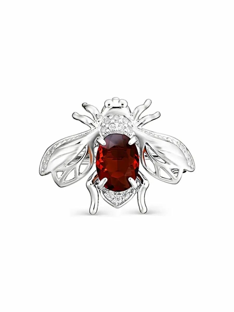 Брошь ZLATBERRY, серебро, 925 проба, родирование, фианит, гранат синтетический, , серебристый, красный