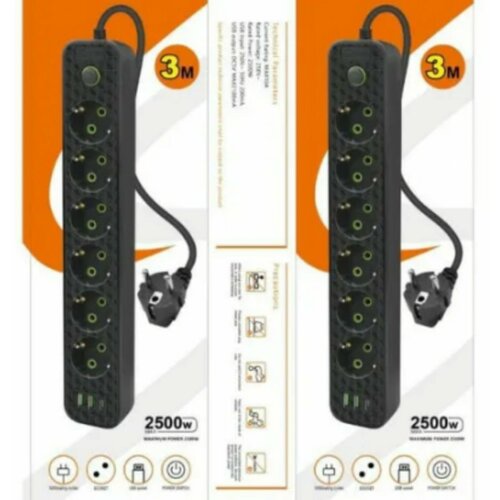 Сетевой фильтр, бытовой удлинитель с Type-C и USB, длина 3 метра HG-2606/ Сетевой фильтр 3м. 6 розеток, 2 USB, 1 Type-C, черный