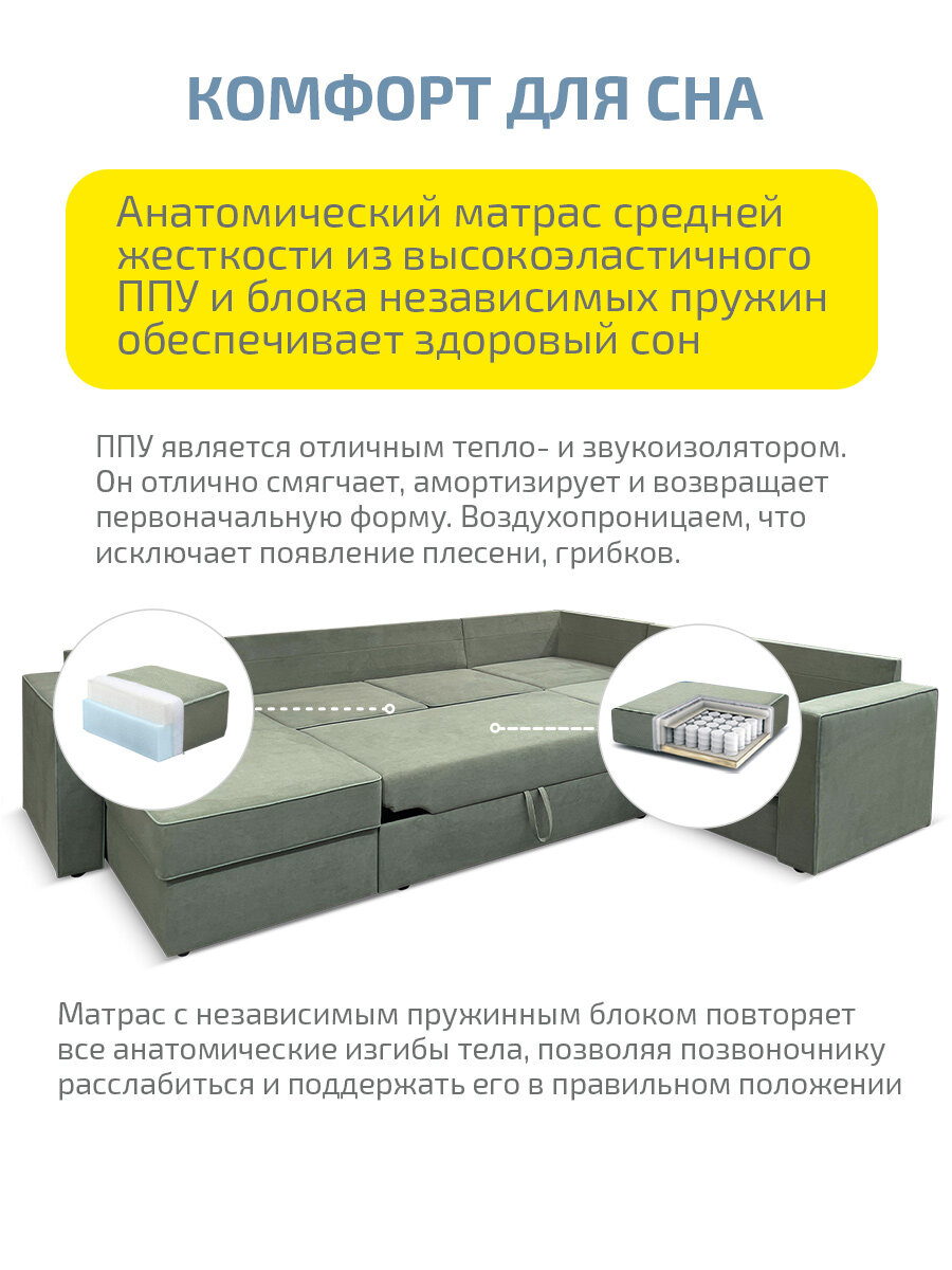 Угловой П-образный раскладной модульный диван кровать Ah! Divan (АхДиван) " Хельсинборг" 304х235х86 см, механизм дельфин, зеленый велюр — фото 1