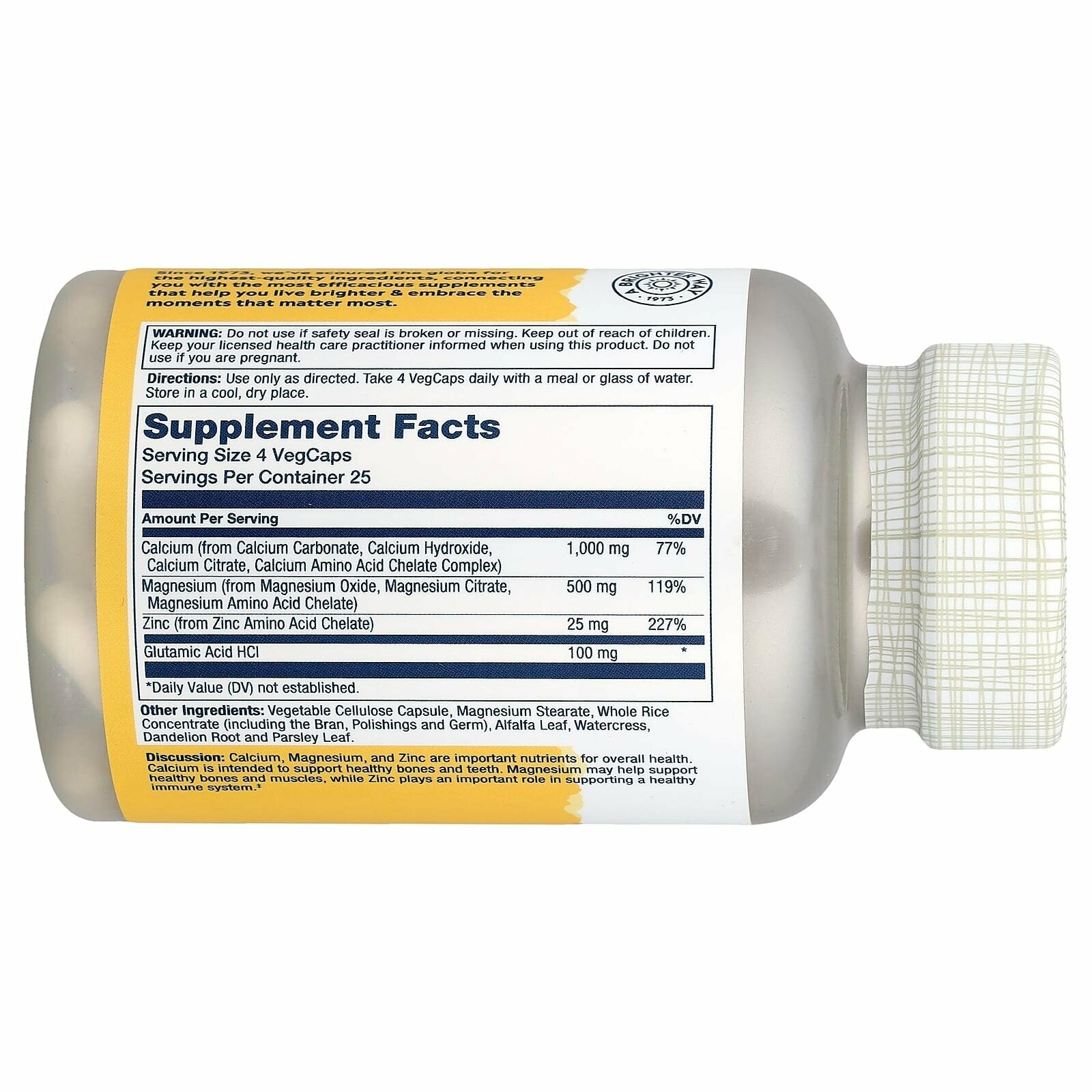 Кальций-магний-цинк Solaray, для костей, иммунитета, 100 капс. — фото 1