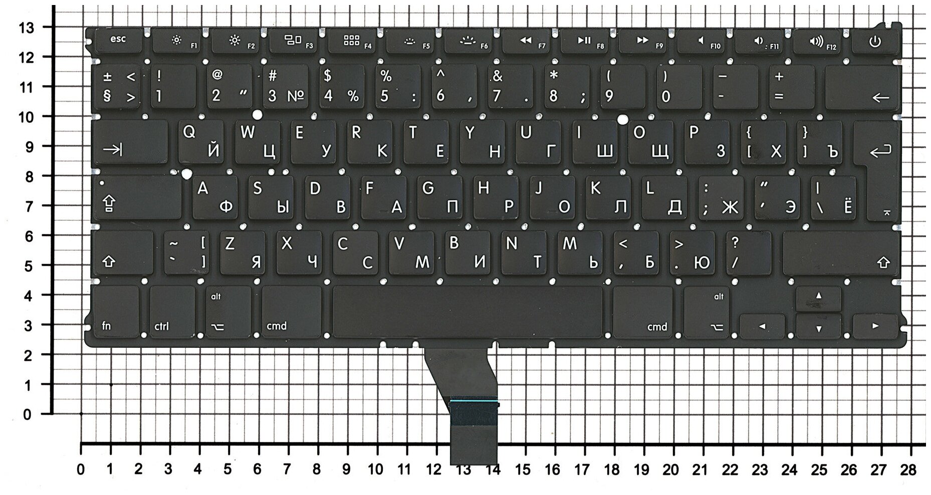 Клавиатура для ноутбука Apple MacBook A1369 Mid 2011 - Early 2017 черная под подсветку большой Enter RU+