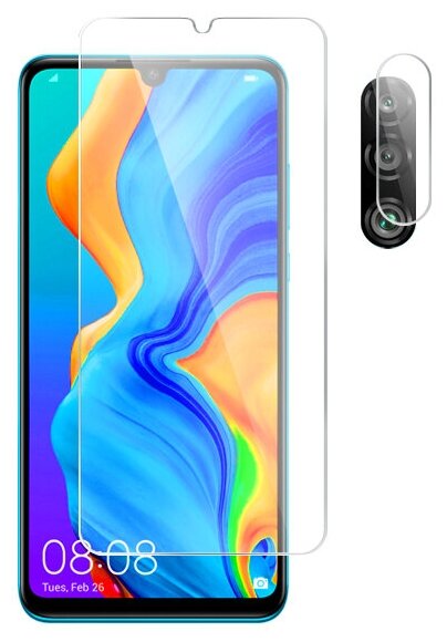 Защитное стекло на Huawei P30 lite /Хуавей П30 Лайт (Гибридное - пленка + стекловолокно) на Экран и Камеру Brozo Hybrid Glass