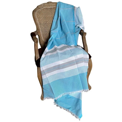 140х220 Тонкое пляжное покрывало или накидка белые и бирюзовые полосы