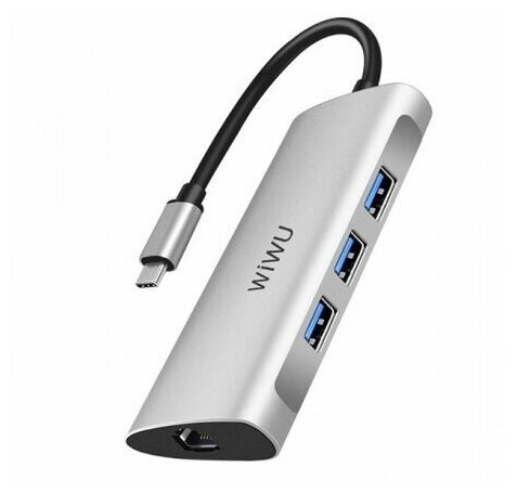 Хаб WiWU Alpha 631STR Type C to x3 USB 3.0, RJ45, Cardreader 6 in 1 Adapter