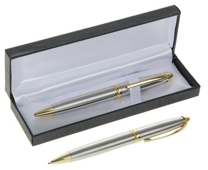 Ручка подарочная шариковая в кожзам футляре поворотная Гравюра корпус серебяно-золотистый 131997