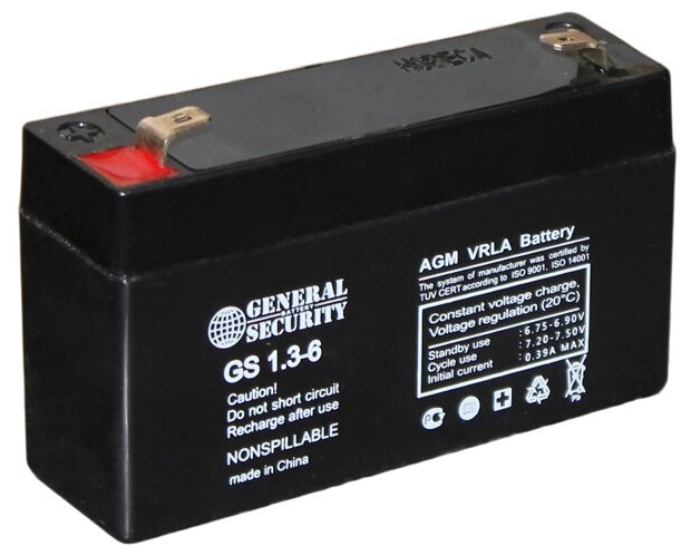 Аккумулятор General Security GS 1.3-6 (6В, 1.3Ач / 6V, 1.3 Ah / вывод F1)