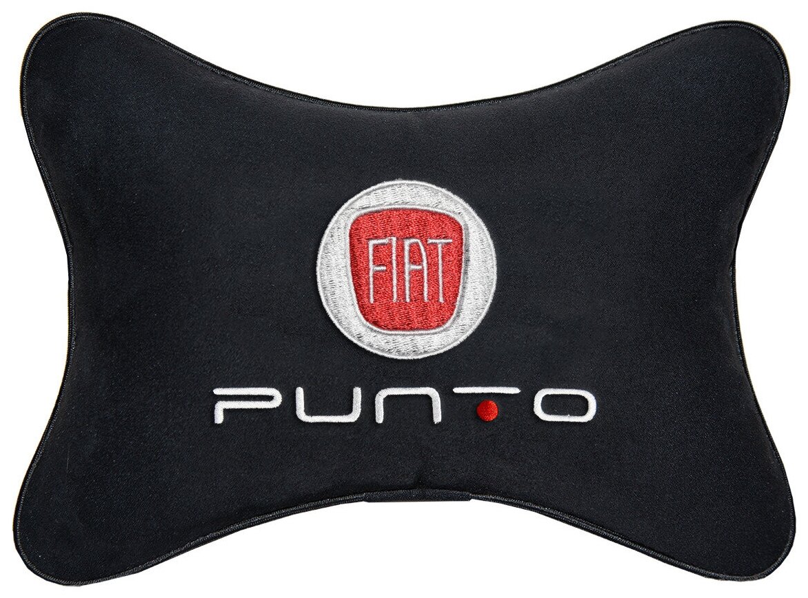 Автомобильная подушка на подголовник алькантара Black с логотипом автомобиля FIAT Punto