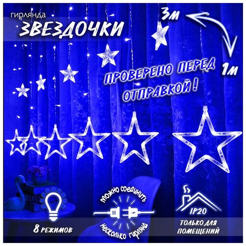 фото Новогодняя светодиодная гирлянда штора звездочки 3 х 1 м c контроллером, синий baziator
