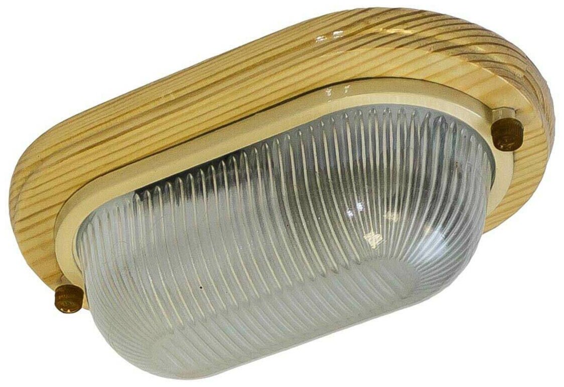 Настенно-потолочный светильник НБО 04-60-011 в форме овала, цвет коричневый, мощность 60 Вт, степень защиты IP54, цоколь E27, основание дерево, корпус алюминий, размер 235х145х87 мм.