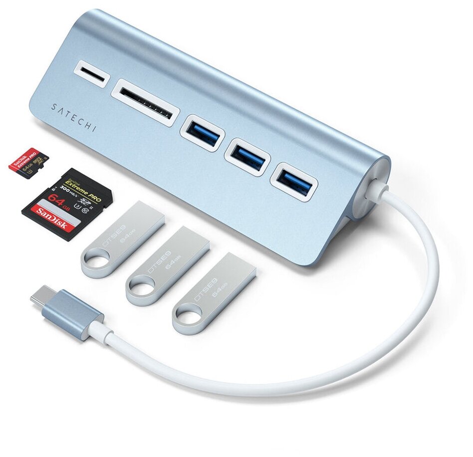 USB-хаб и картридер Satechi Type-C Aluminum USB 3.0 Hub  & Card Reader (ST-TCHCRB) голубой