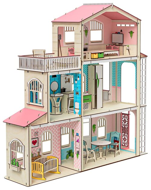 M-Wood кукольный домик Симфония с лифтом и террасой, MW-3023_3, розовый
