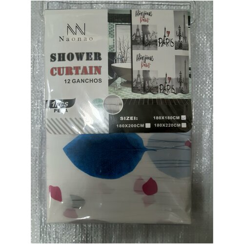 Штора для ванной белая с рисунком листочки Shower Curtain , 180*180 см, из PEVA, в комплекте 12 колец.