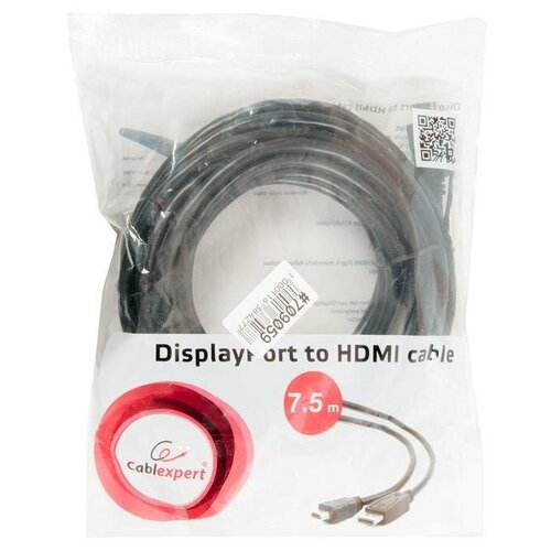 Кабель DisplayPort->HDMI Cablexpert CC-DP-HDMI-7.5M, 7.5м, 20M/19M, черный, экран, пакет gembird cablexpert displayport to hdmi 20m 19m 7 5m black cc dp hdmi 7 5m