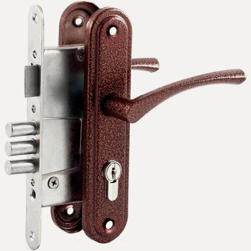 Изображение товара Замок врезной цилиндровый с защёлкой в комплекте с ручкой Омега (замки) омега ЗВ4.2-01 (медь), 3 кл.