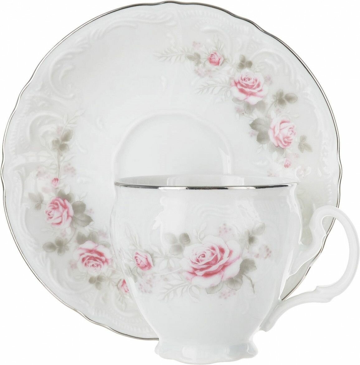 Чашка с блюдцем Bernadotte (декор Бледные розы, отводка платина) Объем: 90 мл
