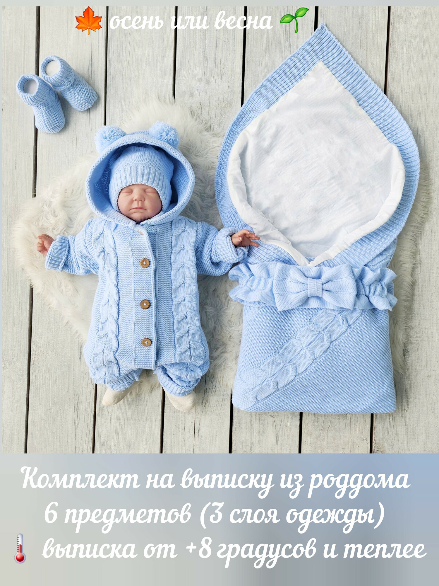 Комплект на выписку из роддома, 6 предметов, голубой, размер 56-62