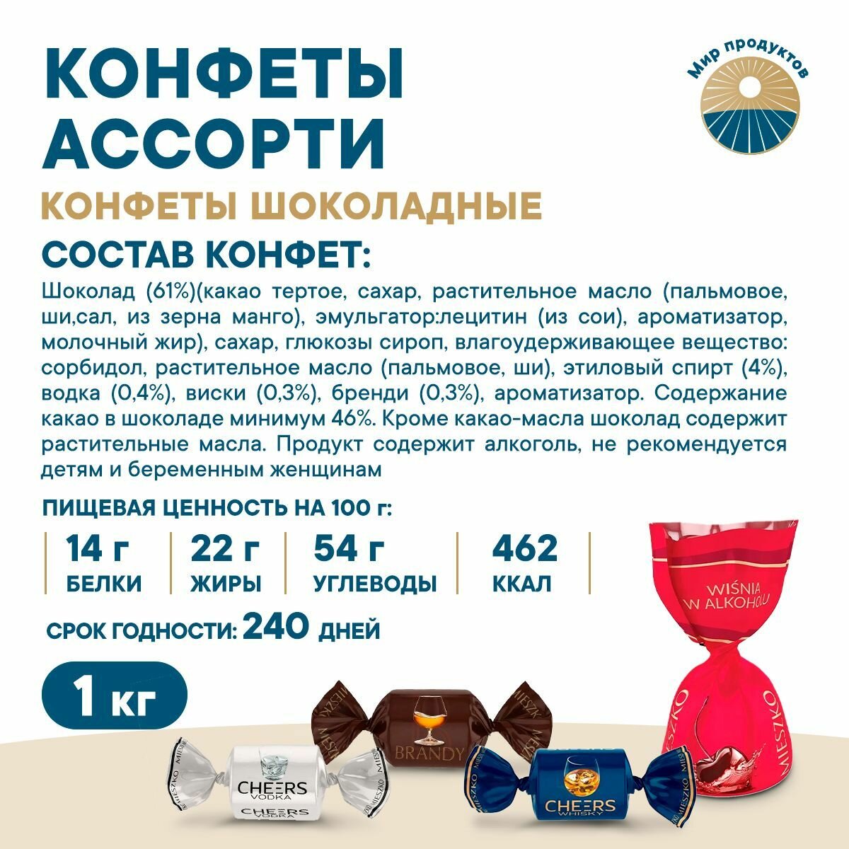Ассорти шоколадных конфет Mieszko "Водка, Виски, Бренди и Вишня в ликере", 1 кг — фото 1