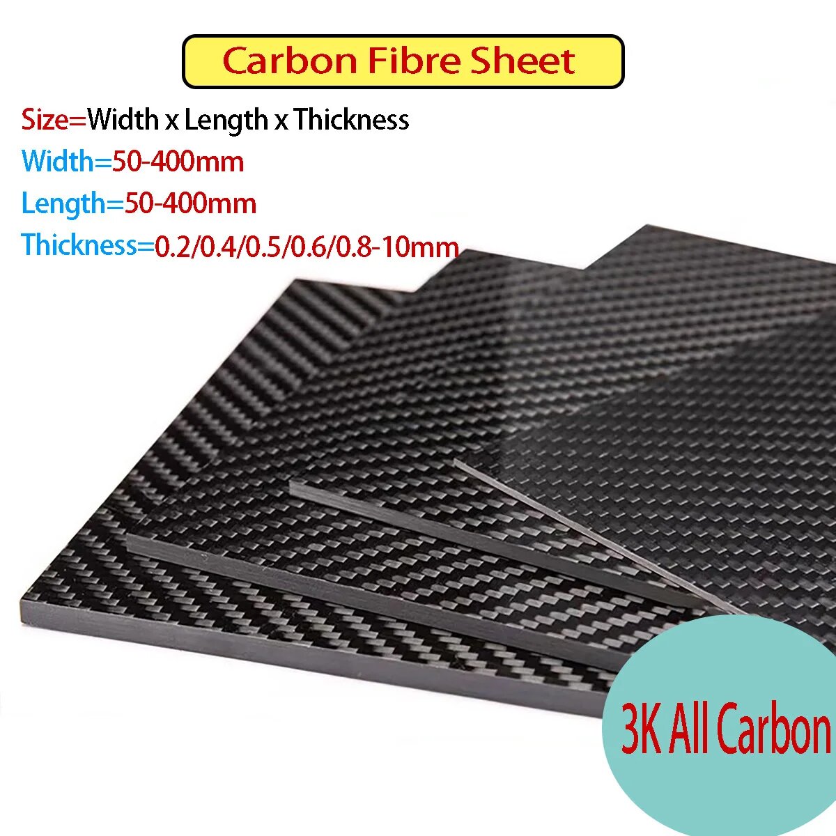 Лист из углеродного волокна 3K черный 100mmx200mm 10mm