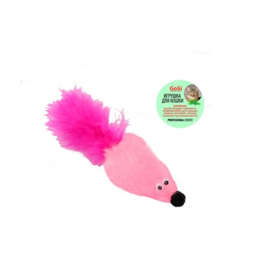 Игрушка Мышь с мятой розовый мех с хвостом перо пышное GoSi этикетка кружок