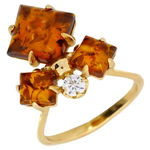 фото Кольцо из золочёного серебра янтарная волна я820204п-к с фианитом и янтарём, размер 18 diamant-online