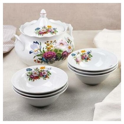 Набор для пельменей Букет цветов, 7 предметов: ваза для супа 3 л, 6 мисок 600 мл 507872 .