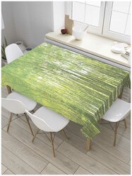 Прямоугольная водоотталкивающая тканевая скатерть на стол JoyArty с рисунком "Густой солнечный лес" 145 на 180 смбелый, серый, зеленый