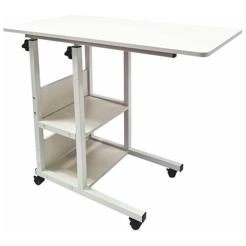 Прикроватный столик для ноутбука, на колесиках с регулировкой высоты, с полками, белый