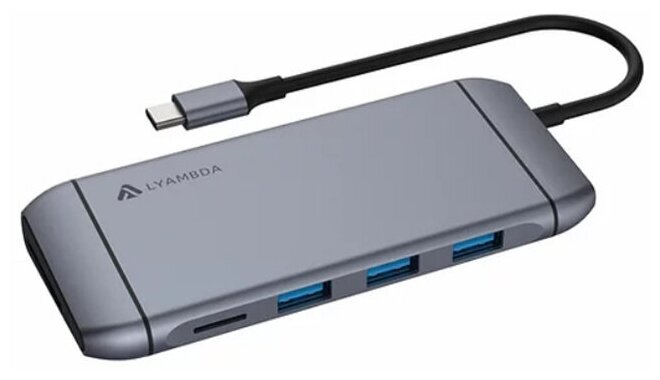 Разветвитель, хаб Type- C Multimedia DUAL 4K/RJ45 Hub Lyambda Slim Aluminum LC123 Gray