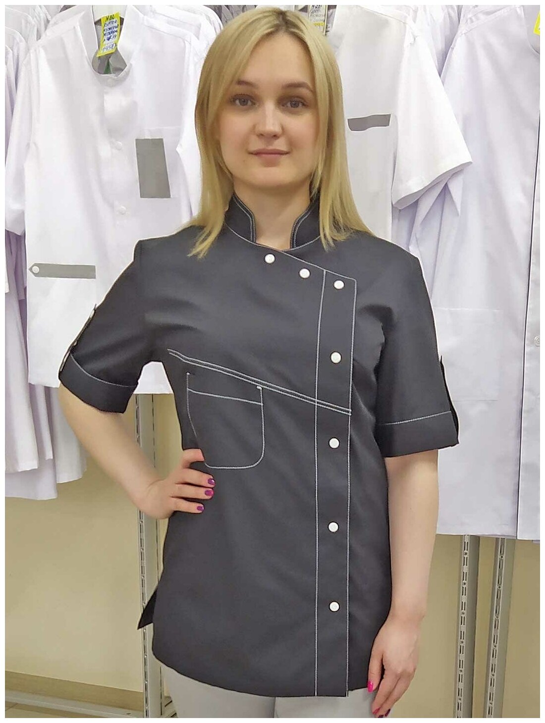 Куртка поварская женская, производитель Фабрика швейных изделий №3, модель М-142, размер 52, цвет серый